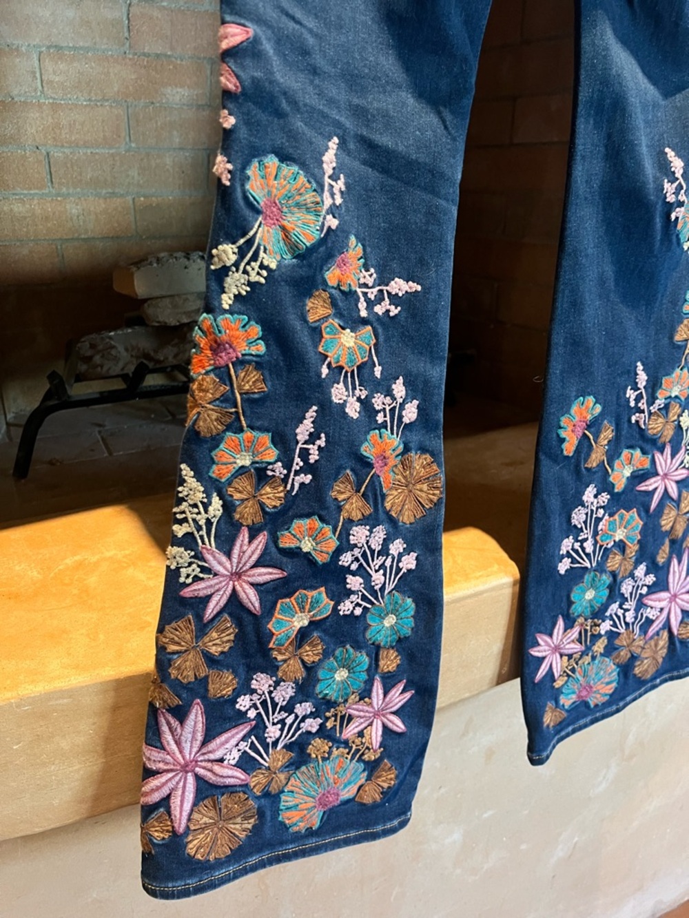 Driftwood Embroidered Floral Dark Blue Flare Pants size small - Picture 3 of 6